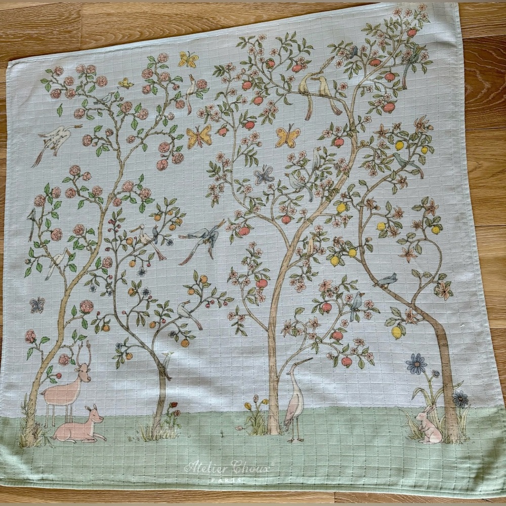 Atelier Choux in Bloom Blue baby swaddle carre chinoiserie floral animals